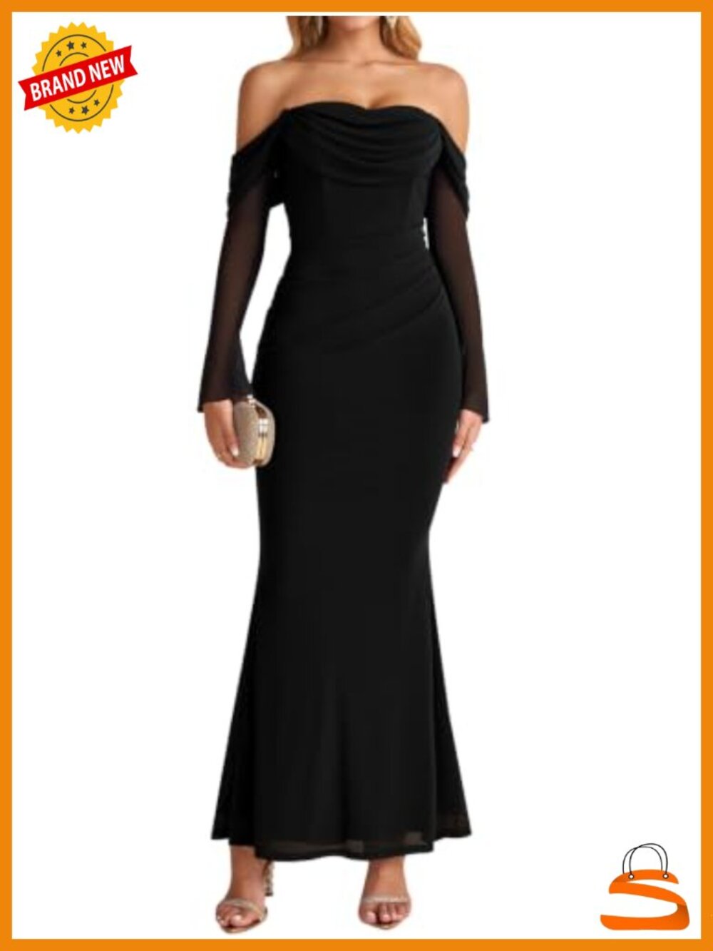 Off Shoulder Corset Long Sleeve Maxi Dress Mesh Bodycon Formal